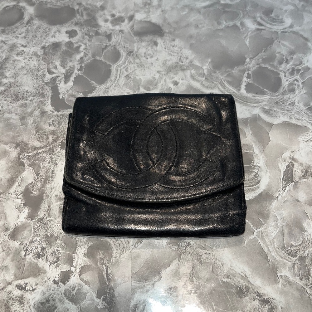 Chanel black compact leather wallet
